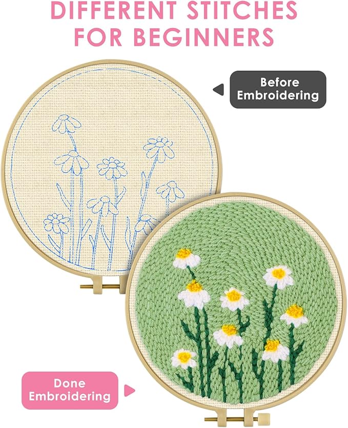 TINDTOP Punch Needle Kit, Daisy Punch Embroidery Kits for Adults Beginner, Tool with Punch Needle Fabric, Hoops, Yarns and Sewing Needles