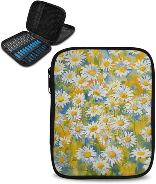 Hechitok Daisy Print Crochet Hook Case Zipper Storage Organizer Bag with Pockets for Various Crochet Needles/Knitting Accessories/Crochet Hook Kit Tools