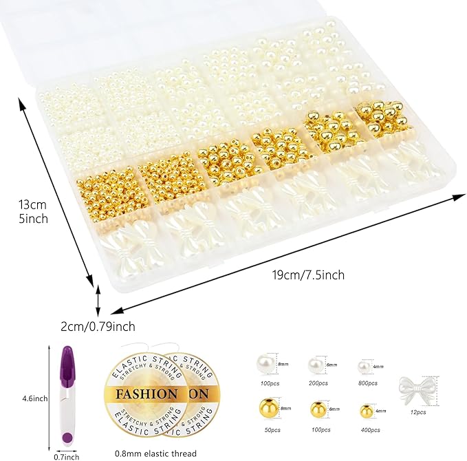 1662 Pcs Pearl Beads for Bracelet Making Kit Gold Spacer Beads for Jewelry Making Pearl Bow Bracelet Bead Charms Necklace Earrings DIY Craft for Women Adult Pearls Bead for Crafting
