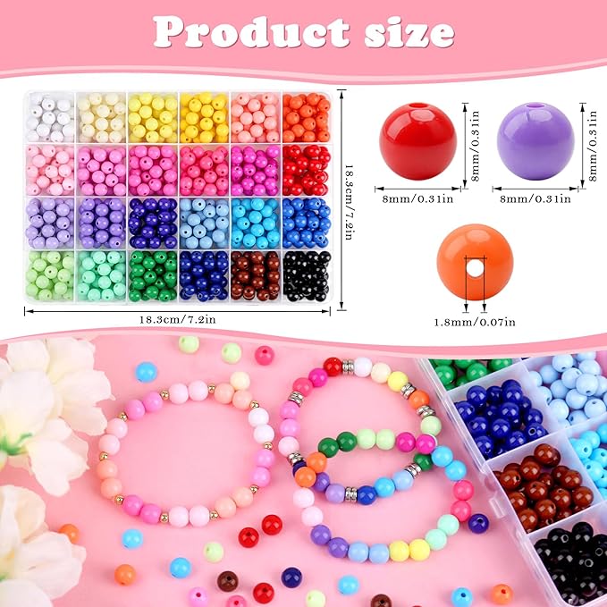 600Pcs 8mm Candy Color Acrylic Round Beads, 24 Colors Assorted Plastic Bubble Gum Beads with Hole Loose Beads Bulk for Bracelets Necklace Jewelry Making DIY Crafts