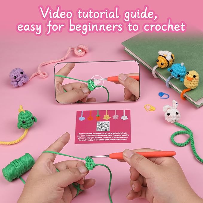 Kogyxe Crochet Kit for Beginners, Crochet Bookmark Kit with Step-by-Step Video Tutorials, Crochet Starter Kits for Beginners Decoration Readers Book Lovers, Animal Bookmarks (40%+ Yarn)