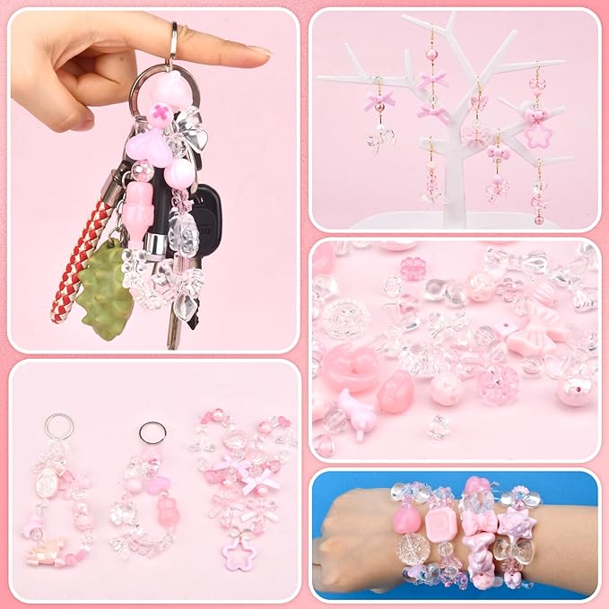 ABONDEVER 245-300Pcs Assorted Acrylic Beads for Bracelets Making Cute Star Bow Flower Candy Heart Gummy Bear Butterfly Beads for DIY Jewelry Crafts Keychain Necklace Phone Charms(Pink)