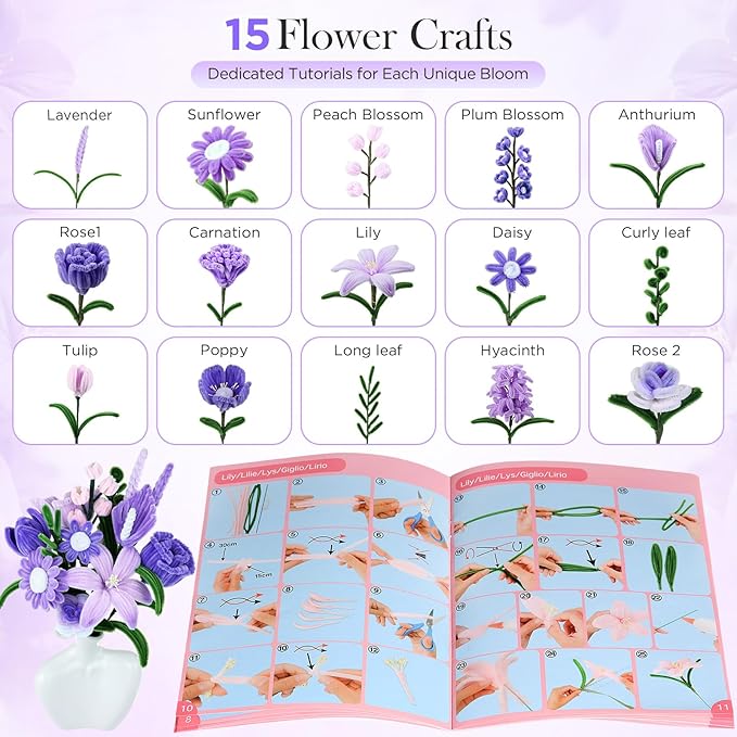 Funtopia Pipe Cleaner Flowers, 540 Pcs Pipe Cleaners Craft Bulk, Pipe Cleaner Flower Kit with Instruction, Chenille Stems for Flower Making, DIY Bouquets and Party Decorations (Purple, 12in x 7mm)
