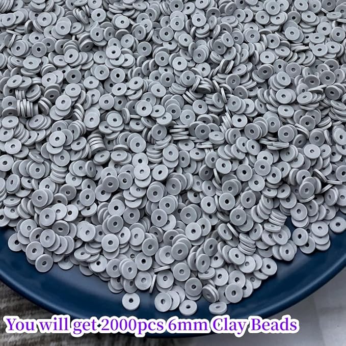 2000pcs Heishi Vinyl Beads Flat Round Polymer Clay Spacer Beads for Making Bracelet Necklace Earring Accessories DIY Handmade Craft(Gray, 6mm)