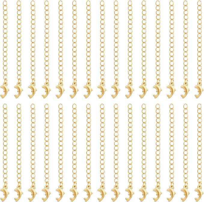 30 Pcs Necklace Extenders,18K Gold Plated Necklace Extender 55 mm,Chain Extender with Dolphin Pattern Chain Tabs for Jewelry Making