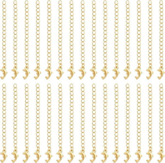 30 Pcs Necklace Extenders,18K Gold Plated Necklace Extender 55 mm,Chain Extender with Dolphin Pattern Chain Tabs for Jewelry Making