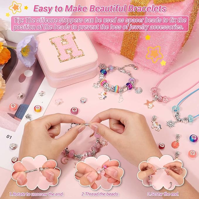LifeisLuck Charm Bracelet Making Kit - 110 Pcs Beads Jewelry Making Kit, Unicorn & Mermaid Crafts Birthday Gifts with H Initial Personalized Bracelet Case