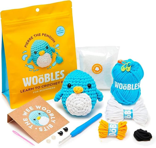 the woobles crochet kit for beginners - easy arts and crafts knitting & crochet animals kit as seen on shark tank - pierre the penguin