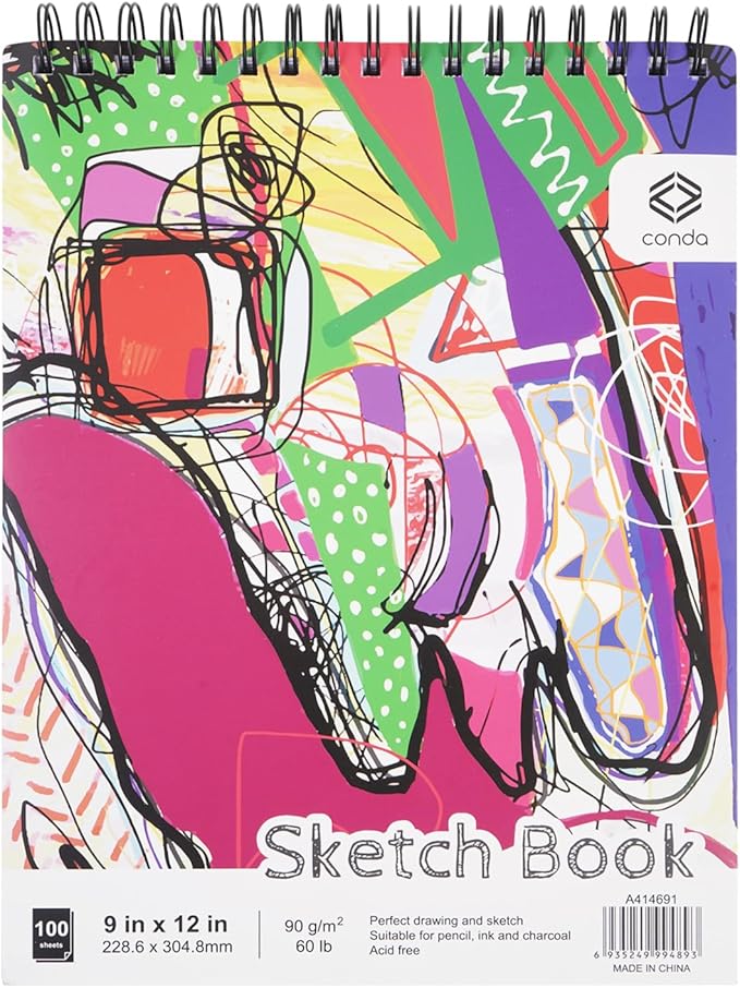 CONDA 9 x 12 Inch Sketchbook, Top Spiral Bound Sketch Pad, 100 Sheets (60 lb/90 GSM), Durable Acid-Free Sketch Paper, Drawing and Sketching Paper for Kids Adult Beginners