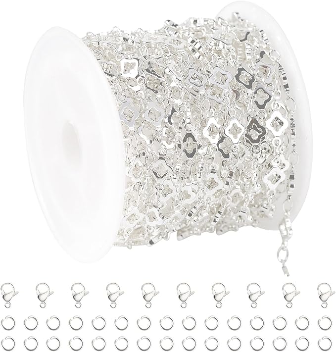 YOUBEIYEE 4 Yard Silver Plated Brass Chain for Jewelry Making Hollow Four Leaf Clover Necklace Bracelet for Women Jewelry Making Chains Bulk