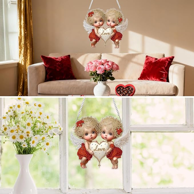 MXJSUA Cupids Diamond Art Hanging Kits for Adults Beginners, Valentine's Day Crystal Diamond Suncatchers, Special Shape Diamond Painting Pendant Window Ornament Gifts for Home Garden Door Wall Decor