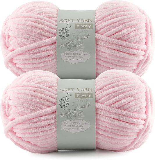 Chunky Chenille Yarn Velvet Soft Super Bulky Size 6 for Crocheting Knitting, Baby Blanket Yarn, 100g 71 Yds per Skein, Easy to Use for Scarves, Amigurumi, Crafts (2, Light Pink)
