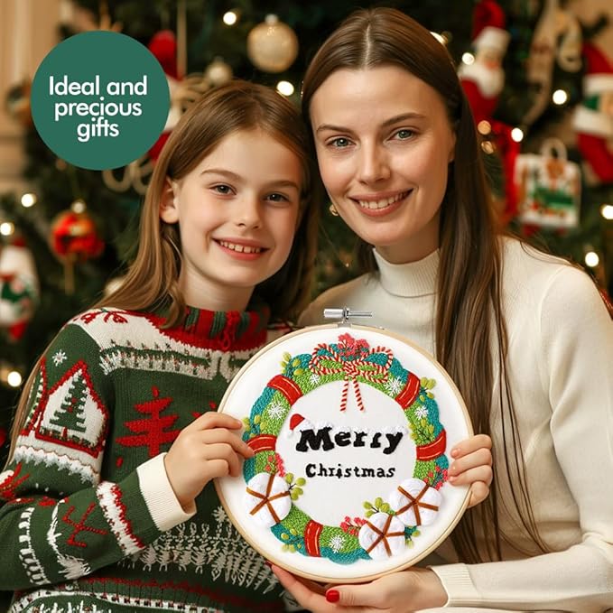 christmas embroidery kits: 1 pack cross stitch kit for beginners adults, diy ornaments craft kit with all tools & instructions, stamped hand embroidery starter kit for holiday crafts & xmas home decor