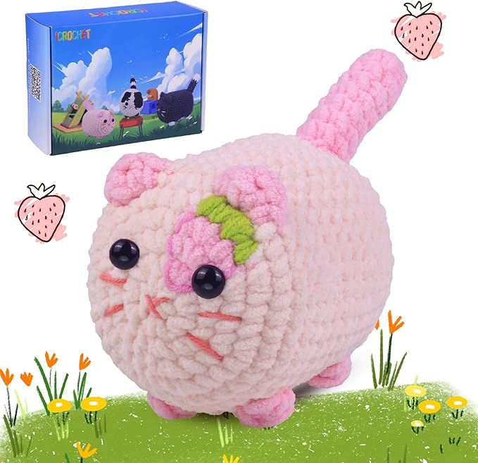 Crochet Kit for Beginners, Crochet Kit with Step-by-Step Video Tutorials, Beginner Crochet Kit for Adults, Crochet Animal Kit for Kids(Pink cat)