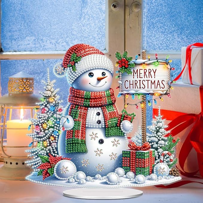 LAKEQUILL Christmas Diamond Art Painting Kits, Snowman Tabletop Ornament, Stand Up Diamond Art Desktop Kits for Home Office Decor, New Year Gift