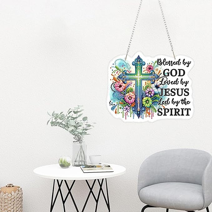 ZeeLionArt Hanging Diamonds Art kit for Adult,Flower Cross Pendant Diamonds Painting Art Kit,7.8x6.3inch Acrylic Diamonds Painting Board Kit Ornament, Special Crystal Diamond Hanging Ornament