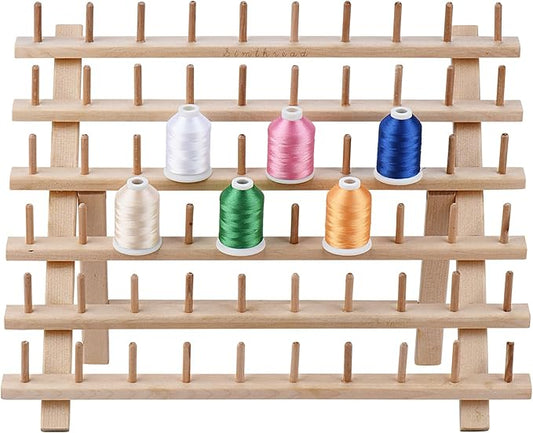 Simthread [Upgraded] 60 Spools Wooden Thread Holder, Thread Rack Organizer Stand with Hanging Hooks for Embroidery Sewing Hair Braiding