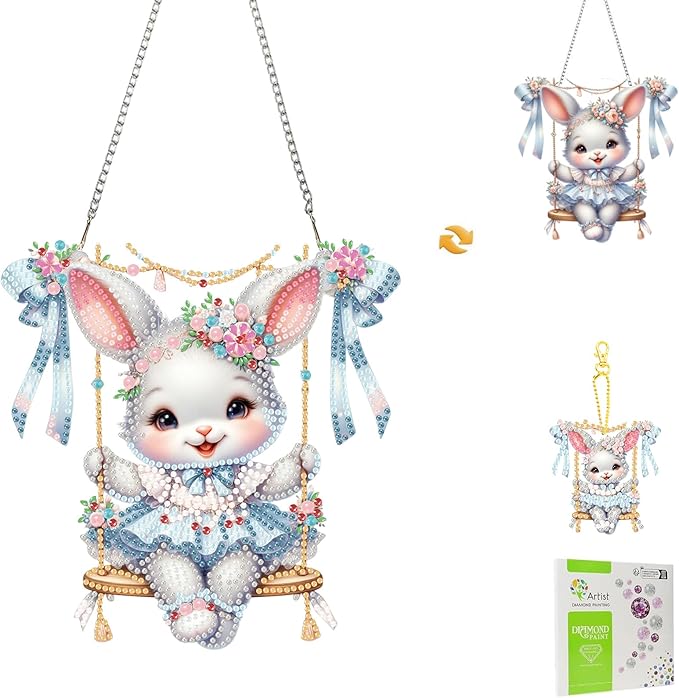 Masendp Easter Bunny Diamond Painting Double-Sided Hanging Ornament Set, DIY Irregular Shaped Rhinestone Window Decoration Set, Suitable for Home and Garden Wall Decoration Gifts