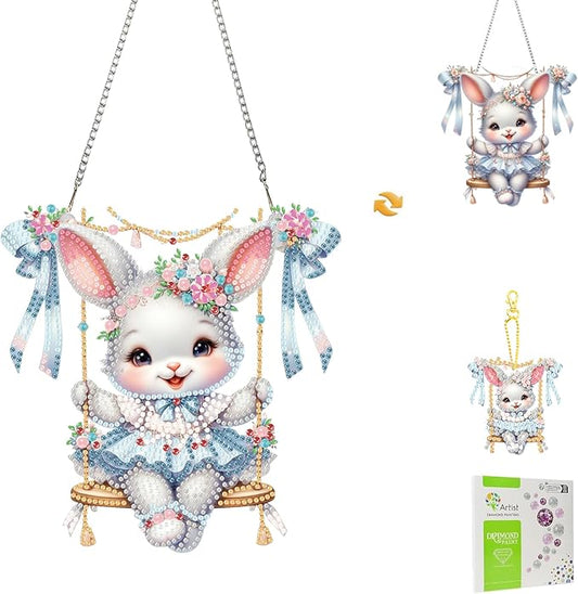 Masendp Easter Bunny Diamond Painting Double-Sided Hanging Ornament Set, DIY Irregular Shaped Rhinestone Window Decoration Set, Suitable for Home and Garden Wall Decoration Gifts