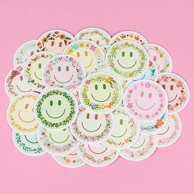 wercokt 50pcs smiling flower stickers, cute water bottle stickers for kids, for teaching rewards, notebooks, stationery, luggage, cartoon pvc happy stickers