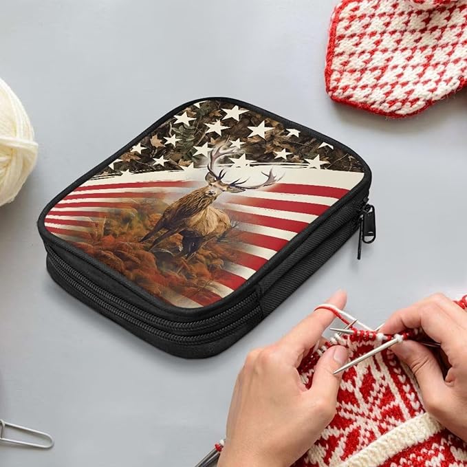 Hechitok American Flag Deer Print Crochet Hooks Case Zipper Bags Portable Crochet Storage Bag with Web Pocket and Crochet Holder Slots for Carrying Various Crochets Needles