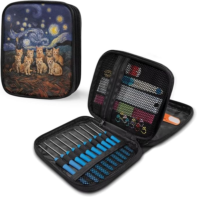 Hechitok Starry Night Cat Crochet Hook Case Without Hooks and Accessories Zipper Storage Organizer Bag with Web Pockets for Various Crochet Needles Accessories Crochet Hook Kit Tools