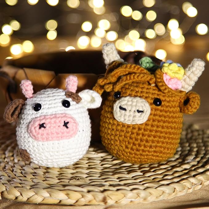 CrochetBox Crochet Kit for Beginner, Highland Cow and Cow Learn How to Crochet Stuffed Animals Gift for Adults and Teen(), Knitting Set with Yarn Hook Stitch-by-Stitch Video Tutorial