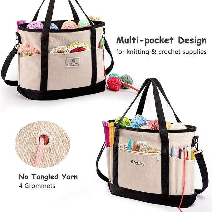 Canvas Yarn Storage Organizer Bag Washable Crochet Bag with Pockets for Yarn, Hooks, Needles – Travel Knitting Tote for Crafters – Gift for Crocheters & Knitters (Medium/Large)