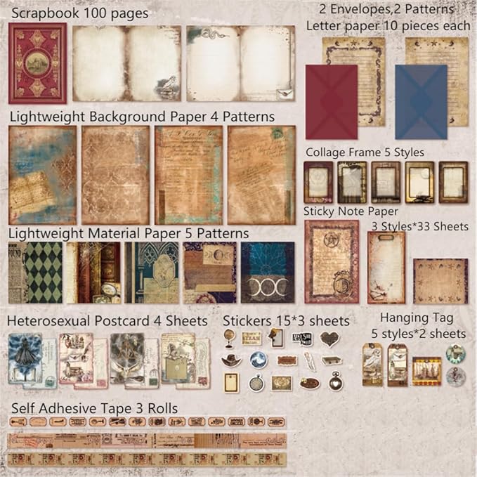 Diuhofart Scrapbooking Supplies Kit, Vintage Magic Scrapbook Kit for Bullet Junk Journal, Stationery, A6 Line Notebook, DIY Journaling Supplies, Birthday Craft Gift for Adults Women