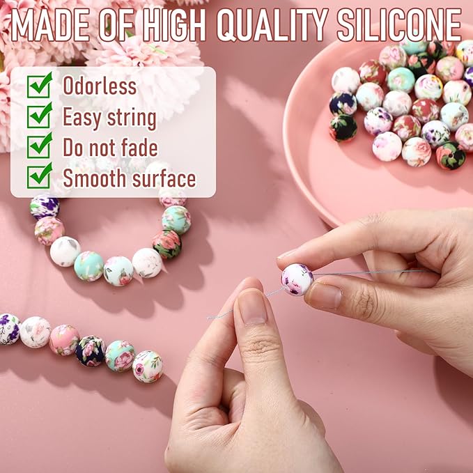 Ferreve 60 Pcs 15mm Silicone Beads Bulk Spring Flower Print Round Focal Beads Rubber DIY Silicone Loose Bead for Bracelet Making Kit for Keychain Pens Necklace Bracelets Jewelry Making