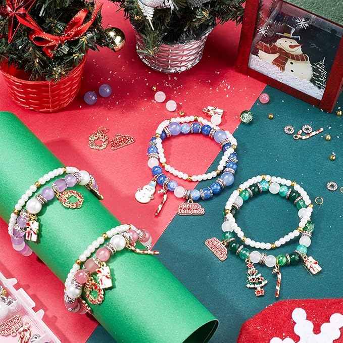 SUNNYCLUE 1 Box 438Pcs 4 Sets Christmas Charms Beading Bracelets Making Kit Double Layered Bracelet Enamel Christmas Tree Charm Snowman Holiday Charms Glass Beads for Jewelry Making Kits Women