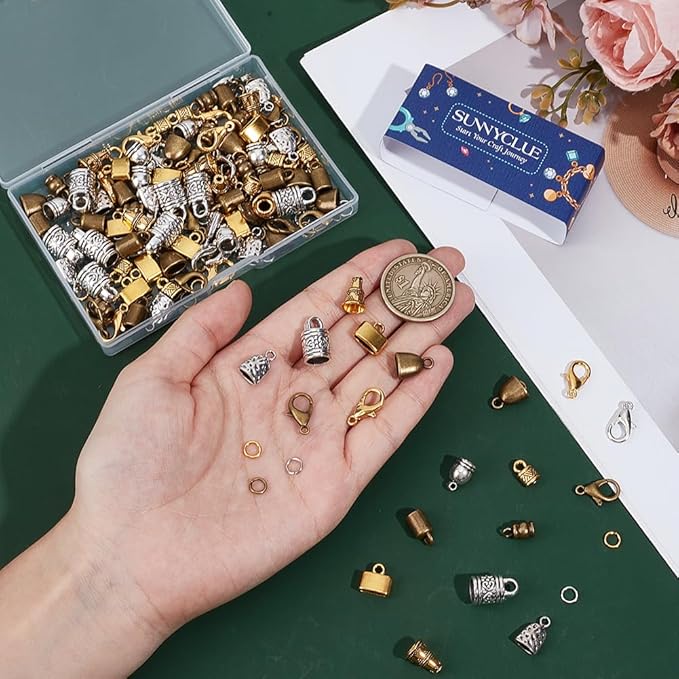 SUNNYCLUE 1 Box 210pcs Leather End Caps Kumihimo Bead Caps Vintage Antique Golden Silver Tube Barrel Rope Tassel Cord Ends Terminal Kits Lobster Clasp Open Rings for Jewelry Making Kit Women Bracelet