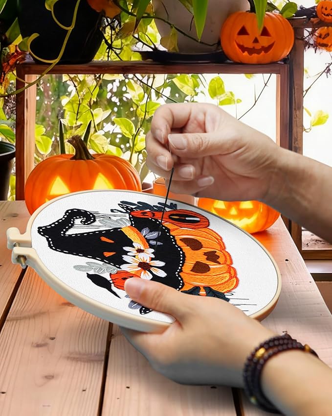 TINDTOP Halloween Embroidery Kit for Adult, 5 Pack Embroidery DIY Starter Kit, with Stamped Patterns, Hoop, Tools, Colorful Threads with Needles, Instructions