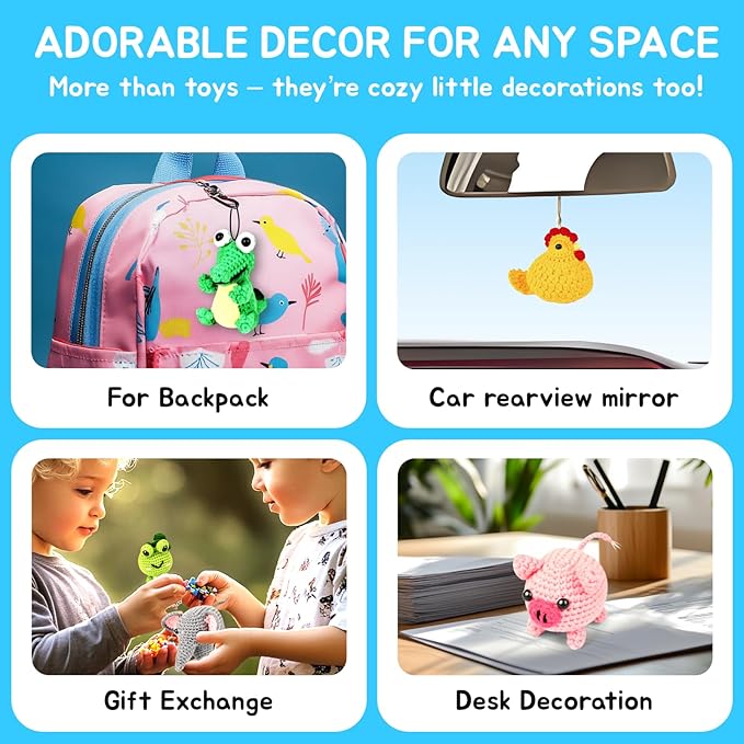 7shaaarks crochet kit for beginners | set of 6 animal crochet kits with yarn & video tutorials, includes frog, crocodile, rooster, elephant, yak & piglet, easy diy gift for teens & kids, christmas