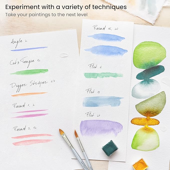 ARTEZA Watercolor Brush Set of 12, Synthetic Hair, Round & Flat Brushes for Watercolor, Acrylic, Gouache, Art Supplies for Adults, Beginners & Artists