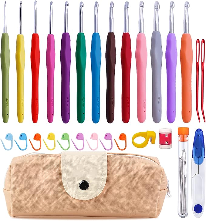 Mayboos 38 Pack Crochet Hooks Set, 13 Pcs 2mm(b)-10mm(n) Ergonomic Crochet Hooks Set, Crochet Needle for Arthritic Hands with Storage Case for Beginners Extra Long  Knitting Needles