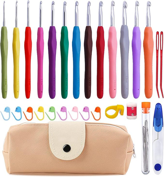 Mayboos 38 Pack Crochet Hooks Set, 13 Pcs 2mm(b)-10mm(n) Ergonomic Crochet Hooks Set, Crochet Needle for Arthritic Hands with Storage Case for Beginners Extra Long  Knitting Needles