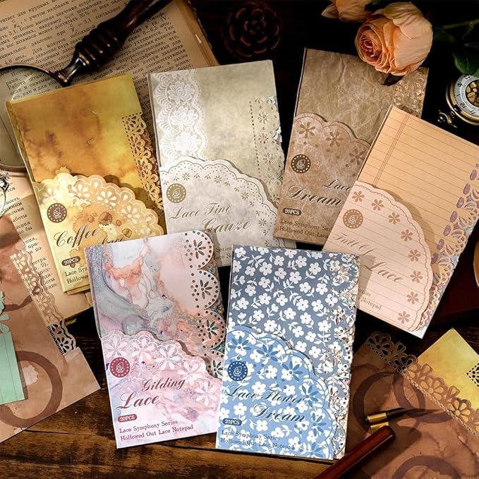 120 Sheets Lace Edged Vintage Scrapbook Paper, 6 Pack Decorative Scrap Book Paper for Junk Journaling Supplies, Scrapbooking, Collage, Stationery Letter Writing
