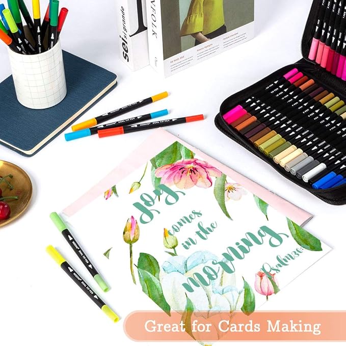 Nicecho Art Markers Dual Brush Pens for Coloring, 60 Artist Colored Marker Set, Fine and Brush Tip Pen Art Supplier for Adult Coloring Books, Bullet Journaling, Drawing