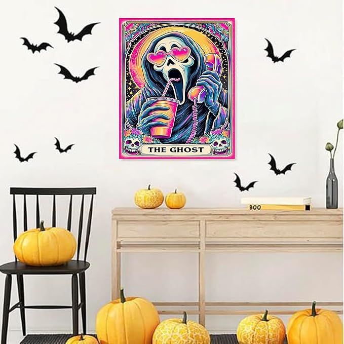 DIYDECORFUN Halloween Ghost Diamond Art Painting Kits for Adults Beginner The Ghost Diamond Art On Canvas,DIY 5D Full Round Drills Skull Painting with Diamonds Gem Art Crafts for Home Decor 12x16 in