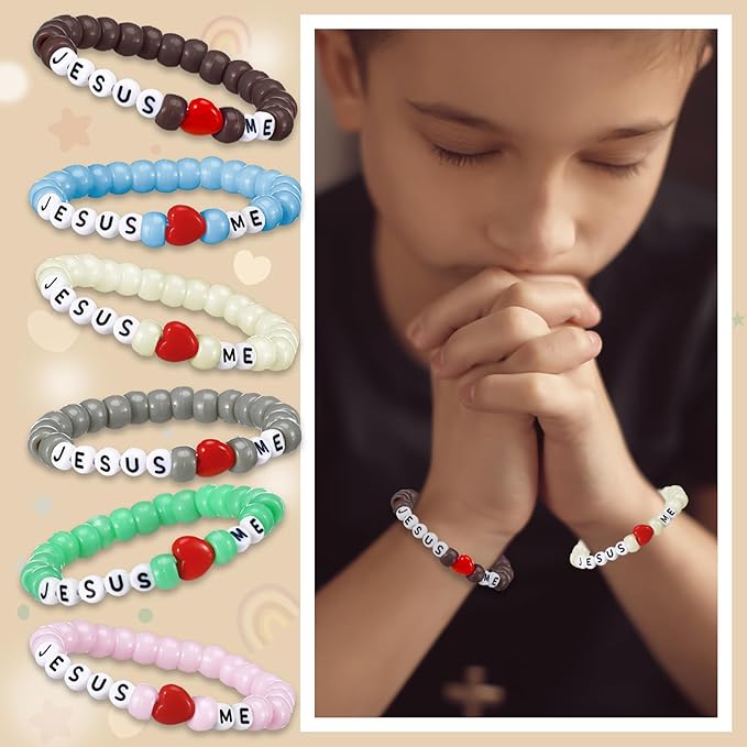 Ferreve 35 Sets Easter Morandi Religious Bead Wristband Craft Kit Jesus Love Me Faith DIY Bead Craft Kit Letter Charms for VBS Week Sunday School Christian Bible Verse Gifts Making