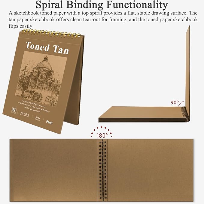 fuxi toned tan sketchbook 9x12-60 sheet acid free toned paper, professional drawing pad for artists & art students.