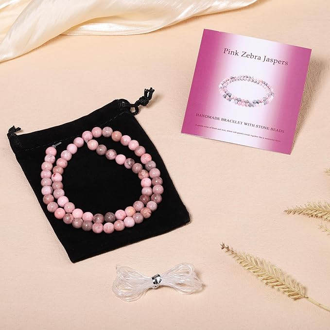 Stone Beads, 45pcs Pink Zebra Jaspers, 8mm Round Loose Beads for Jewelry Making, Bracelets, with Bag, String & Card