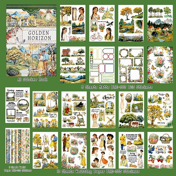 Scrapbook Sticker Book for Scrapbooking, Golden Horizon Theme, 20 Sheets A5 Pre-Cut Washi Paper PET Stickers for Journaling, Junk Journal Supplies, Bujo, Collage, Crafts Arts