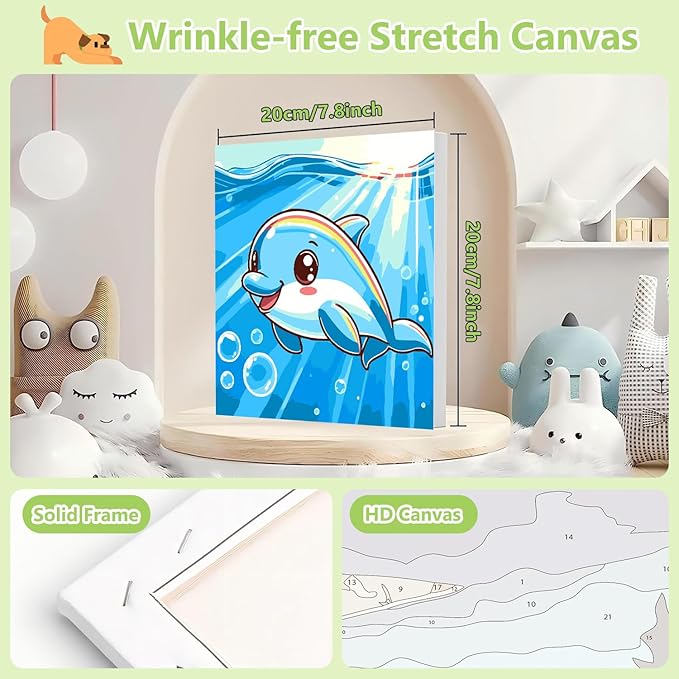 Reivworl Paint by Numbers Kit for Kids with Frame and Easel, Dolphin Paint by Number for Kids Age 6-8-12, Acrylic Paint by Numbers for Gifts and Home Decor (8X8inch)