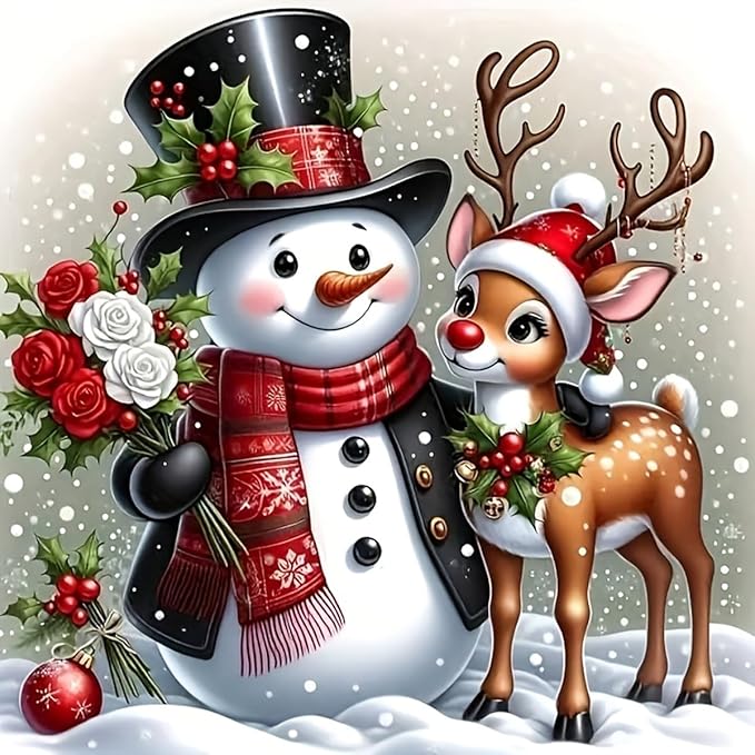 Christmas Snowman Deer Diamond Art Kits for Adult, Xmas 5D Diamond Painting Kits for Beginners, DIY Full Drill Winter Holiday Rhinestone Diamond Dots Gem Painting Art Craft Home Decor 14 x14 Inch