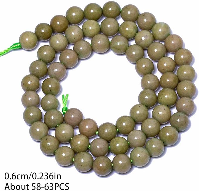 Stone Beads, 60pcs Olive Green Jades, 6mm Round Loose Beads for Jewelry Making, Bracelets, with Bag, String & Card