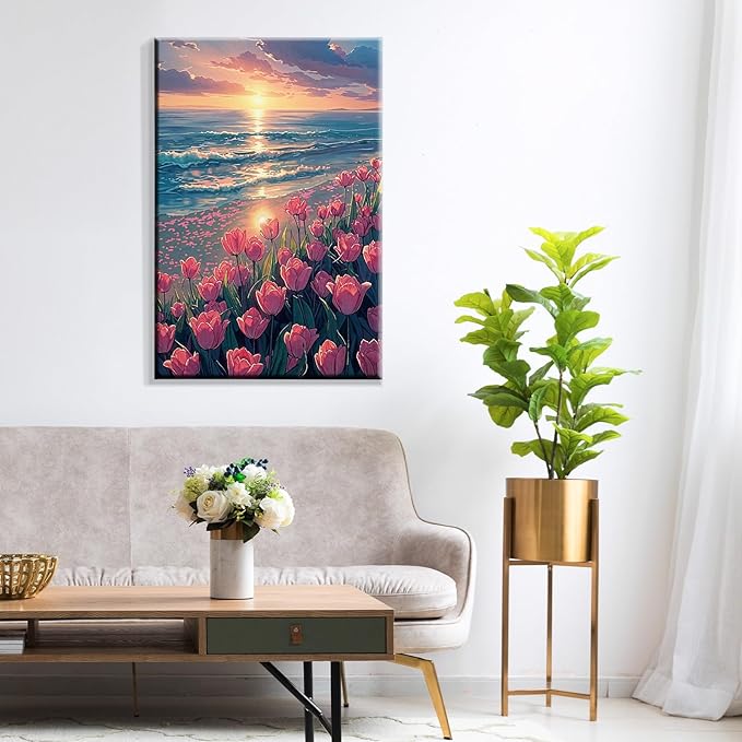 ATDMS Paint by Numbers Kit for Adults with Easel DIY Tulips Adult Paint by Number Kits on Canvas Framed Oil Painting Kits for Wall Hanging Home Room Decor 7.87x11.81 Inch