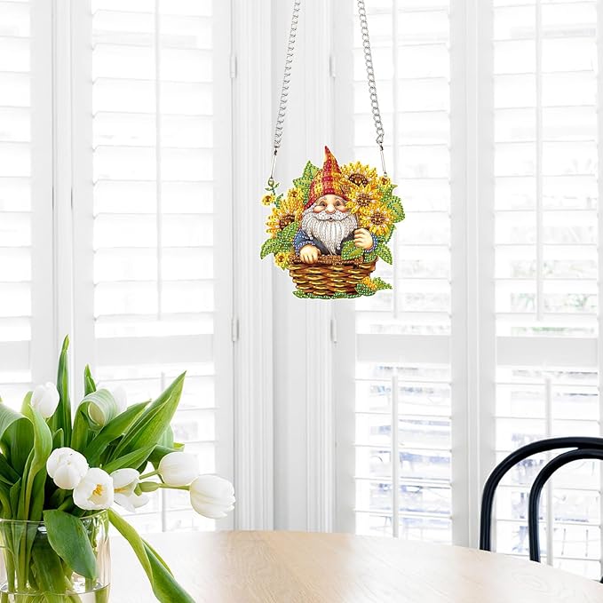 AiYuanzsh Gnome Diamond Art Kits for Adults – Sunflower Gnome Diamond Painting Hanging Ornament, 5D DIY Diamond Art Kit for Home Décor, Window, Gift & Suncatcher