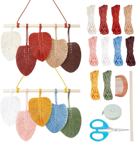FREEBLOSS 2 Set DIY Macrame Leaf Wall Hanging Kit Macrame Feather Wall Art 10 Colors Cotton Cords 30cm Macrame Kit with Instruction Macrame Wall Tapestry for Bedroom Birthday Gift